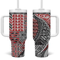Aotearoa Maori Tribal Tattoo Tumbler With Handle Kowhaiwhai Taniko Patchwork Motifs LT9 One Size: 40 oz Red - Polynesian Pride