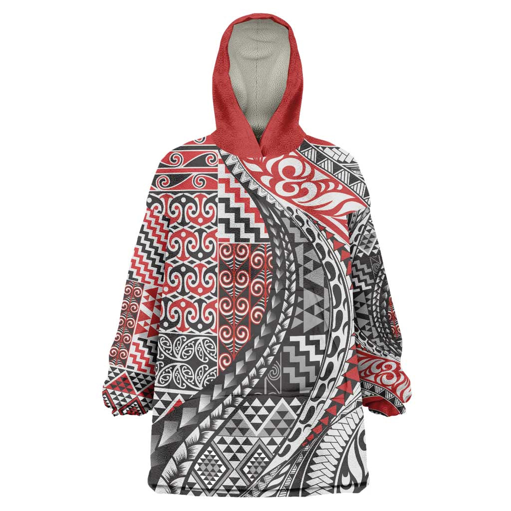 Aotearoa Maori Tribal Tattoo Wearable Blanket Hoodie Kowhaiwhai Taniko Patchwork Motifs LT9 One Size Red - Polynesian Pride
