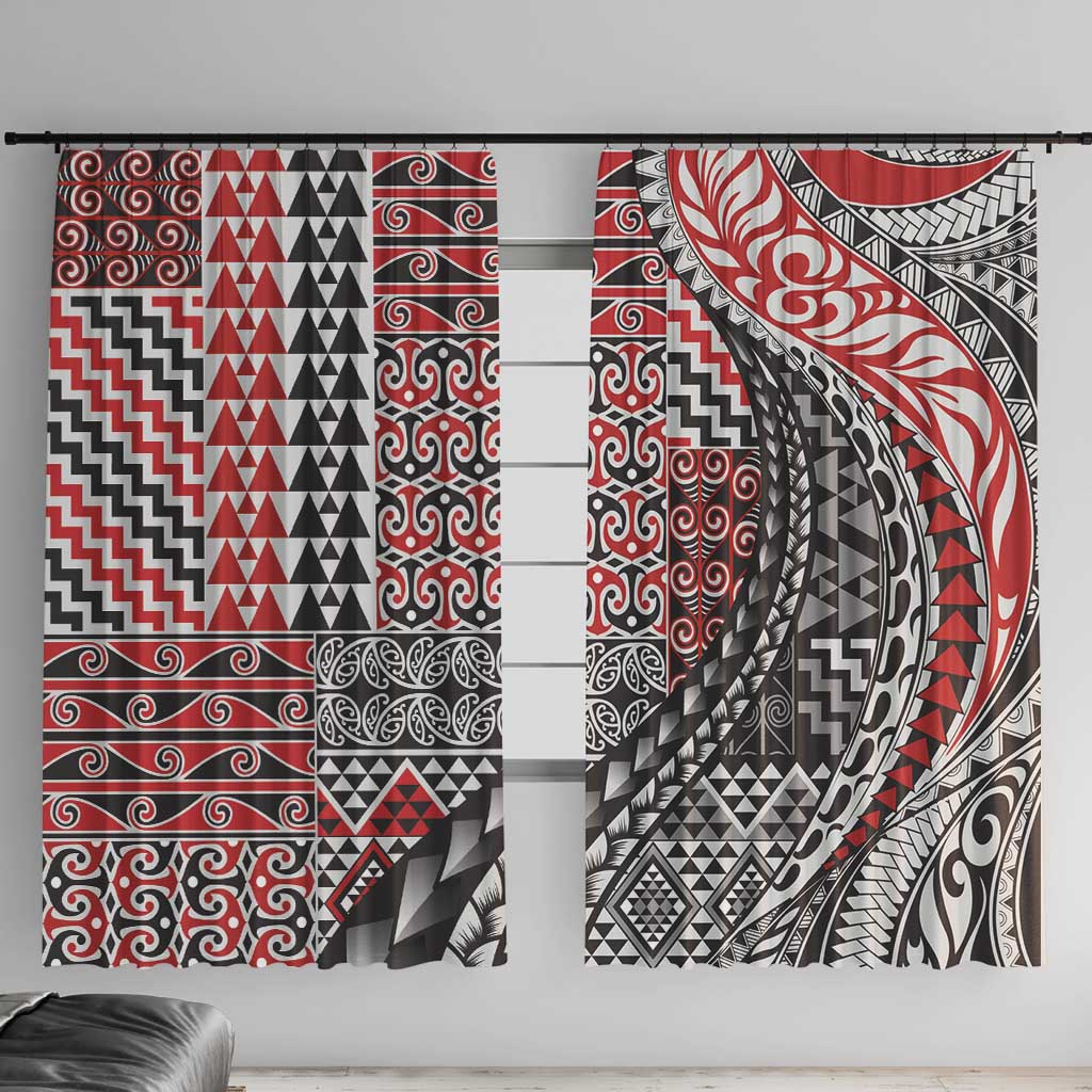 Aotearoa Maori Tribal Tattoo Window Curtain Kowhaiwhai Taniko Patchwork Motifs LT9 With Hooks Red - Polynesian Pride