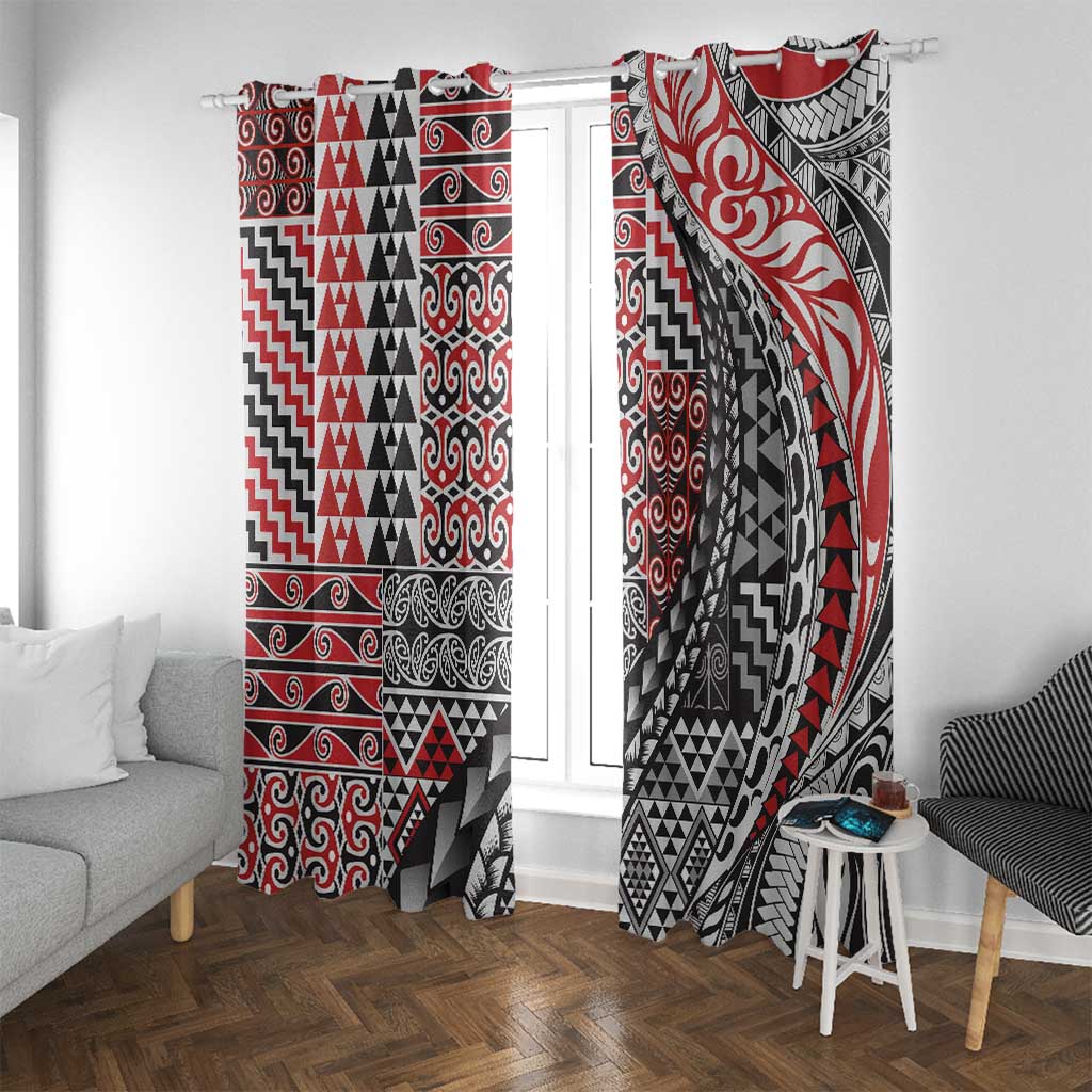 Aotearoa Maori Tribal Tattoo Window Curtain Kowhaiwhai Taniko Patchwork Motifs LT9 With Grommets Red - Polynesian Pride