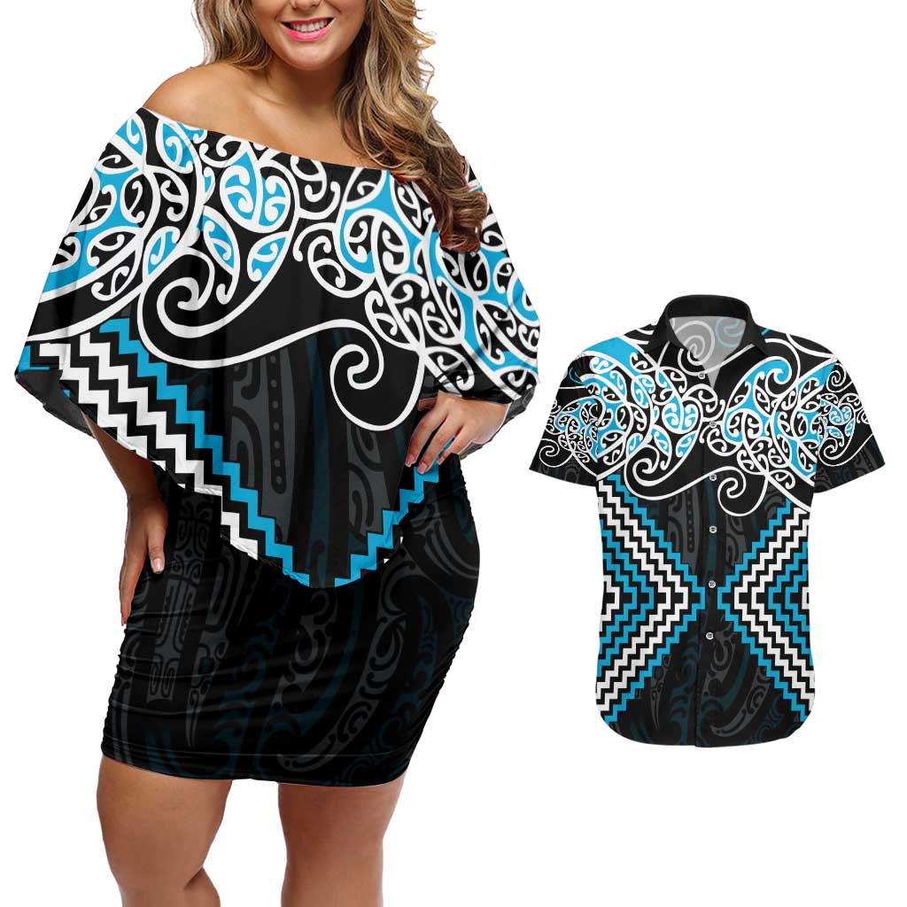 Blue Aotearoa Tukutuku Manawa Tapu Couples Matching Off Shoulder Short Dress and Hawaiian Shirt Ta Moko Toi Maori LT9 Blue - Polynesian Pride