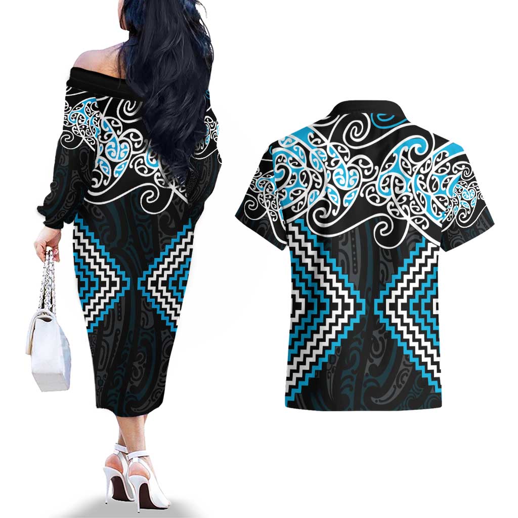 Blue Aotearoa Tukutuku Manawa Tapu Couples Matching Off The Shoulder Long Sleeve Dress and Hawaiian Shirt Ta Moko Toi Maori