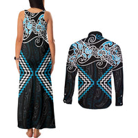 Blue Aotearoa Tukutuku Manawa Tapu Couples Matching Tank Maxi Dress and Long Sleeve Button Shirt Ta Moko Toi Maori