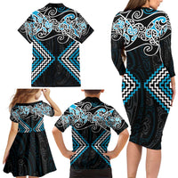 Blue Aotearoa Tukutuku Manawa Tapu Family Matching Long Sleeve Bodycon Dress and Hawaiian Shirt Ta Moko Toi Maori
