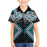 Blue Aotearoa Tukutuku Manawa Tapu Family Matching Off Shoulder Short Dress and Hawaiian Shirt Ta Moko Toi Maori