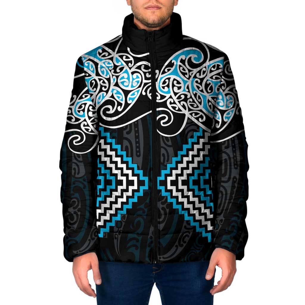 Blue Aotearoa Tukutuku Manawa Tapu Padded Jacket Ta Moko Toi Maori - Polynesian Pride