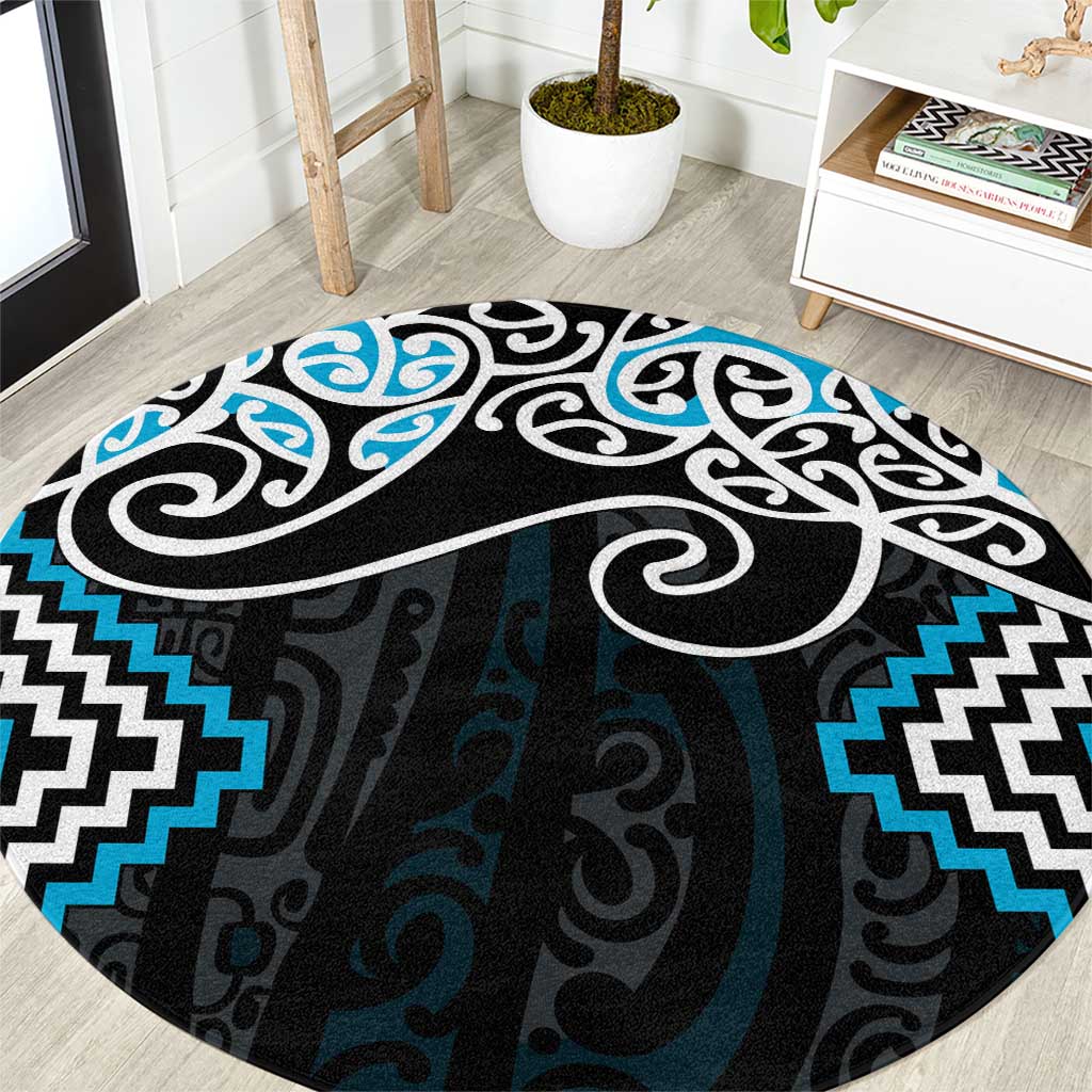 Blue Aotearoa Tukutuku Manawa Tapu Round Carpet Ta Moko Toi Maori