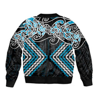 Blue Aotearoa Tukutuku Manawa Tapu Sleeve Zip Bomber Jacket Ta Moko Toi Maori