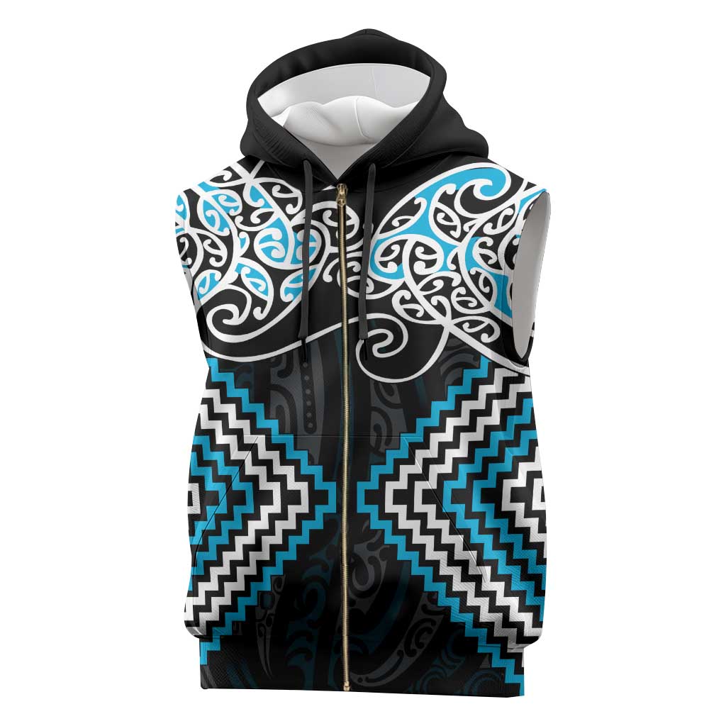 Blue Aotearoa Tukutuku Manawa Tapu Sleeveless Zip Hoodie Ta Moko Toi Maori - Polynesian Pride