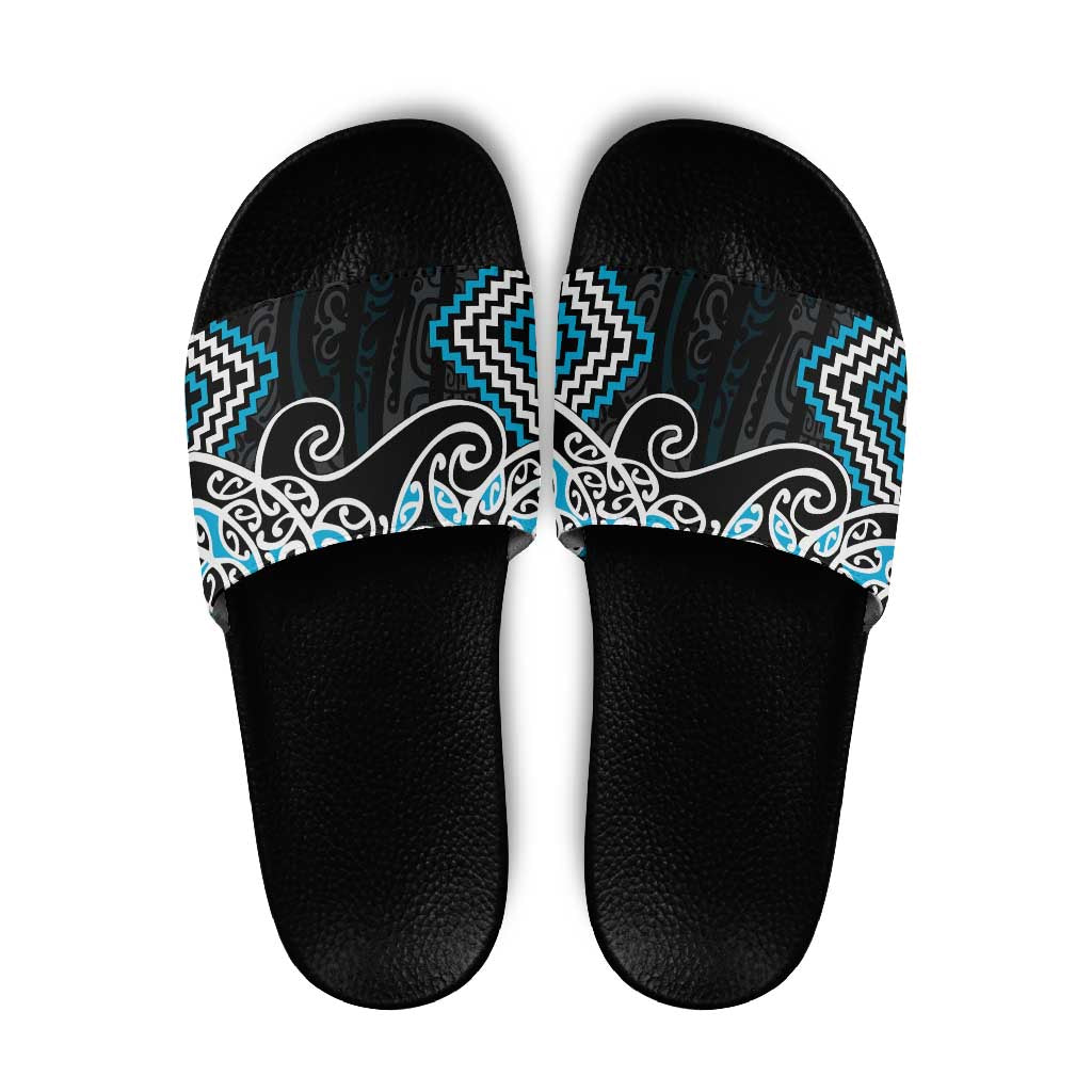 Blue Aotearoa Tukutuku Manawa Tapu Slide Sandals Ta Moko Toi Maori - Polynesian Pride