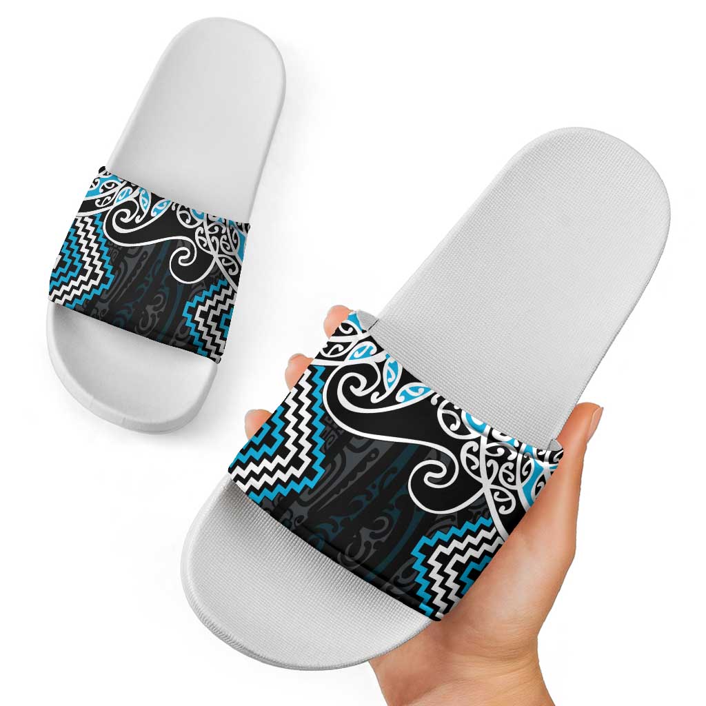 Blue Aotearoa Tukutuku Manawa Tapu Slide Sandals Ta Moko Toi Maori - Polynesian Pride