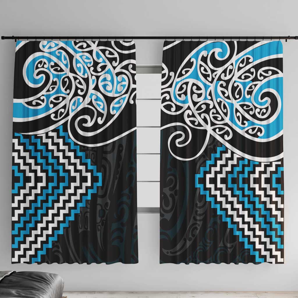 Blue Aotearoa Tukutuku Manawa Tapu Window Curtain Ta Moko Toi Maori LT9 With Hooks Blue - Polynesian Pride