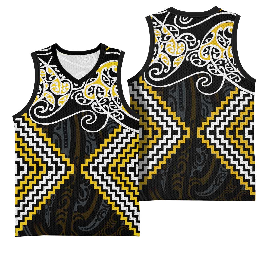 Gold Aotearoa Tukutuku Manawa Tapu Basketball Jersey Ta Moko Toi Maori - Polynesian Pride