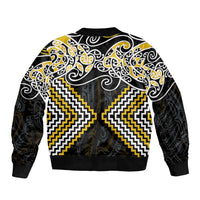 Gold Aotearoa Tukutuku Manawa Tapu Bomber Jacket Ta Moko Toi Maori