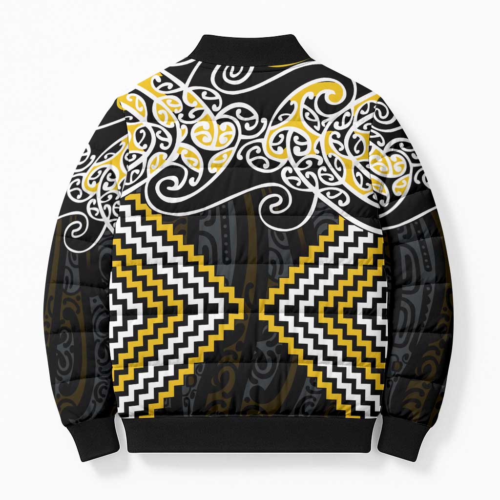 Gold Aotearoa Tukutuku Manawa Tapu Bomber Puffer Jacket Ta Moko Toi Maori - Polynesian Pride