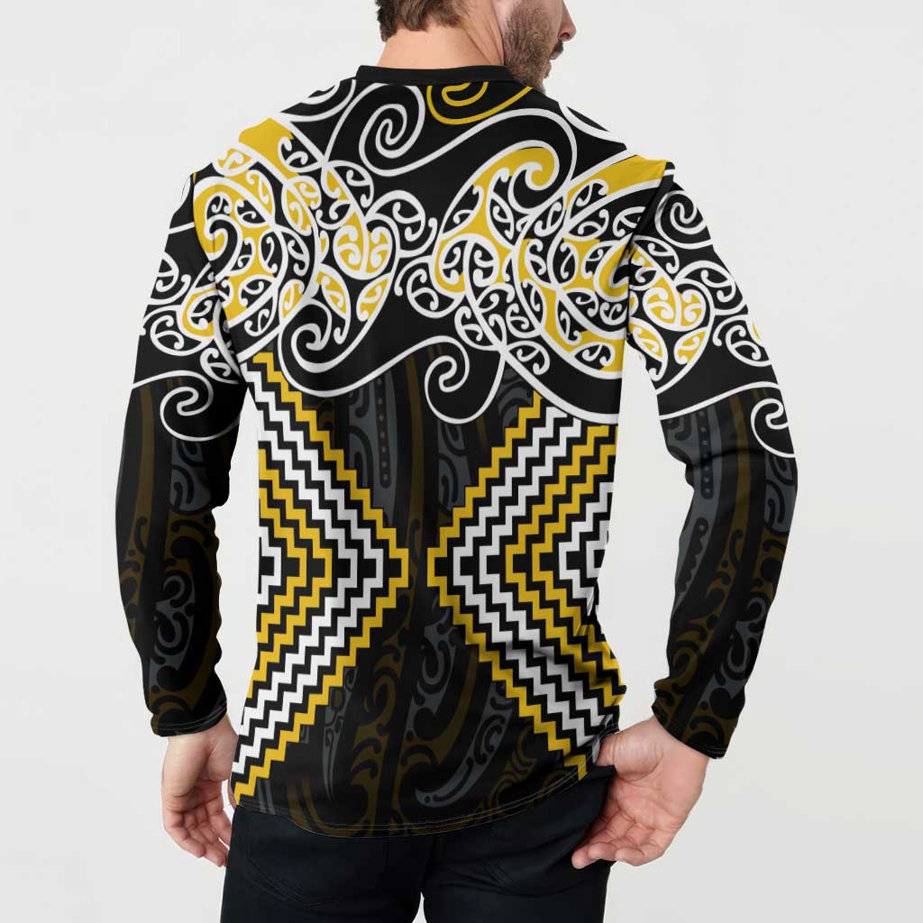 Gold Aotearoa Tukutuku Manawa Tapu Button Sweatshirt Ta Moko Toi Maori LT9 - Polynesian Pride