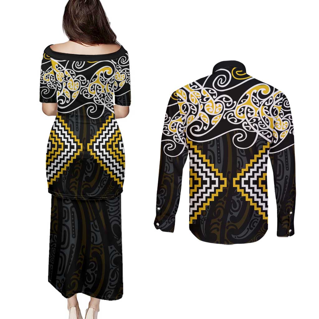 Gold Aotearoa Tukutuku Manawa Tapu Couples Matching Puletasi and Long Sleeve Button Shirt Ta Moko Toi Maori