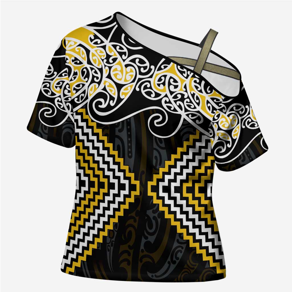 Gold Aotearoa Tukutuku Manawa Tapu Cross Shoulder Shirt Ta Moko Toi Maori - Polynesian Pride