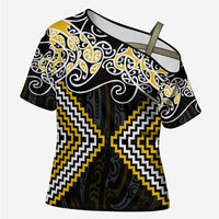 Gold Aotearoa Tukutuku Manawa Tapu Cross Shoulder Shirt Ta Moko Toi Maori - Polynesian Pride