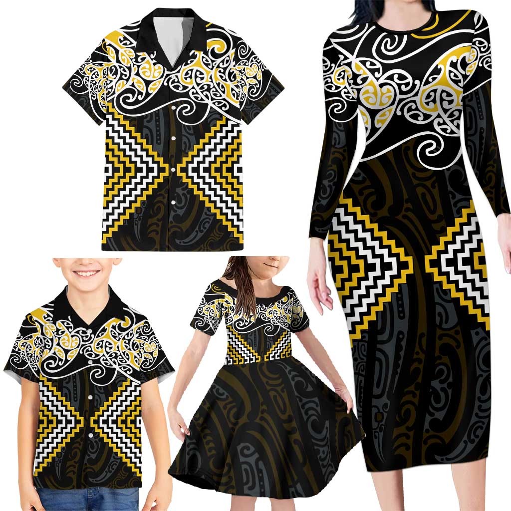 Gold Aotearoa Tukutuku Manawa Tapu Family Matching Long Sleeve Bodycon Dress and Hawaiian Shirt Ta Moko Toi Maori