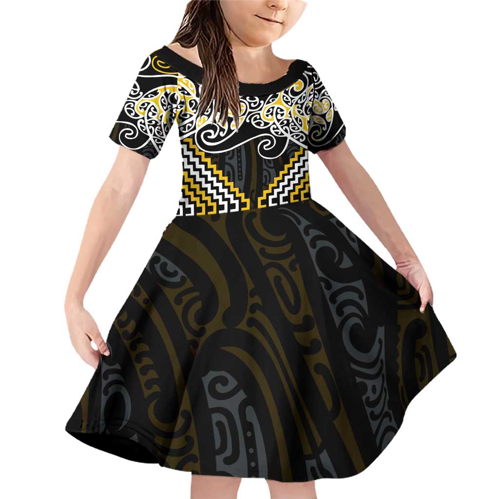Gold Aotearoa Tukutuku Manawa Tapu Family Matching Off Shoulder Short Dress and Hawaiian Shirt Ta Moko Toi Maori
