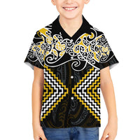 Gold Aotearoa Tukutuku Manawa Tapu Family Matching Short Sleeve Bodycon Dress and Hawaiian Shirt Ta Moko Toi Maori