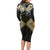 Gold Aotearoa Tukutuku Manawa Tapu Long Sleeve Bodycon Dress Ta Moko Toi Maori