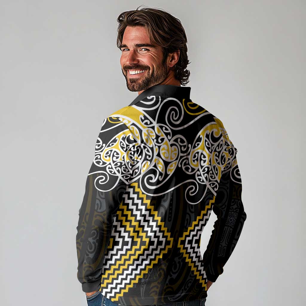 Gold Aotearoa Tukutuku Manawa Tapu Long Sleeve Polo Shirt Ta Moko Toi Maori