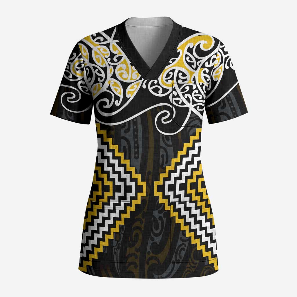 Gold Aotearoa Tukutuku Manawa Tapu Scrub Top Ta Moko Toi Maori - Polynesian Pride