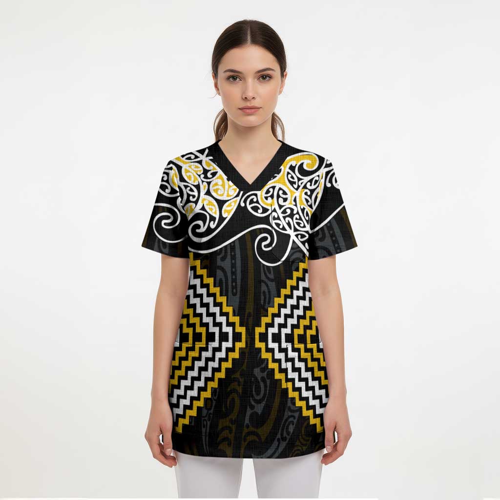 Gold Aotearoa Tukutuku Manawa Tapu Scrub Top Ta Moko Toi Maori - Polynesian Pride