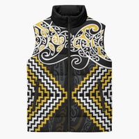 Gold Aotearoa Tukutuku Manawa Tapu Sleeveless Puffer Jacket Ta Moko Toi Maori - Polynesian Pride
