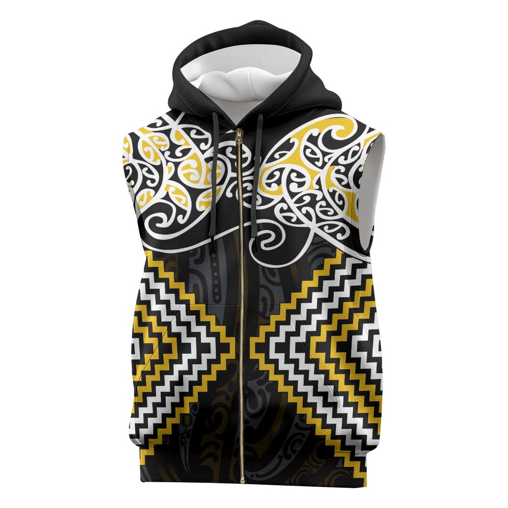 Gold Aotearoa Tukutuku Manawa Tapu Sleeveless Zip Hoodie Ta Moko Toi Maori - Polynesian Pride