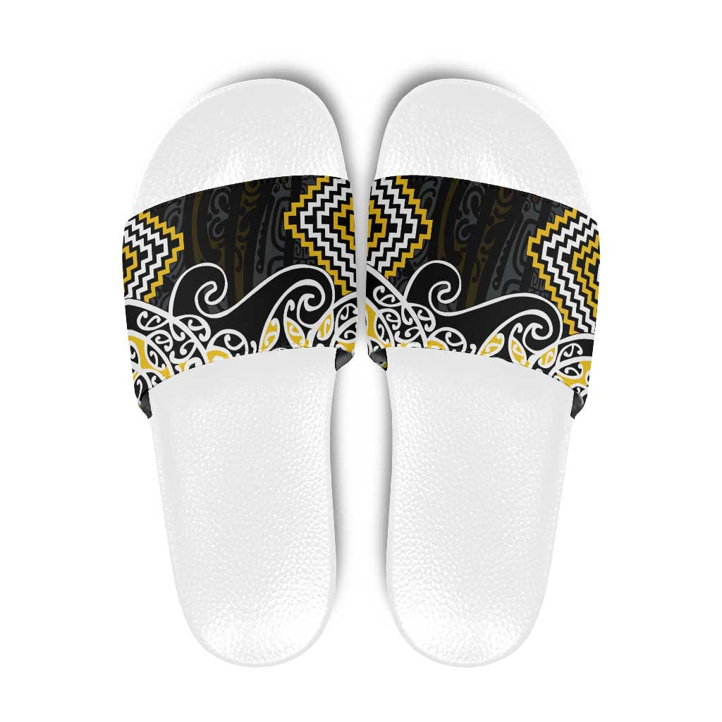 Gold Aotearoa Tukutuku Manawa Tapu Slide Sandals Ta Moko Toi Maori - Polynesian Pride