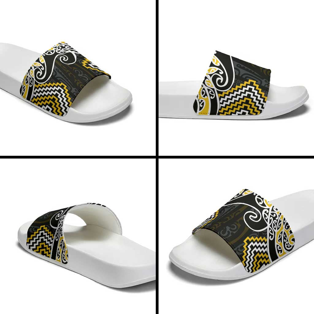 Gold Aotearoa Tukutuku Manawa Tapu Slide Sandals Ta Moko Toi Maori - Polynesian Pride
