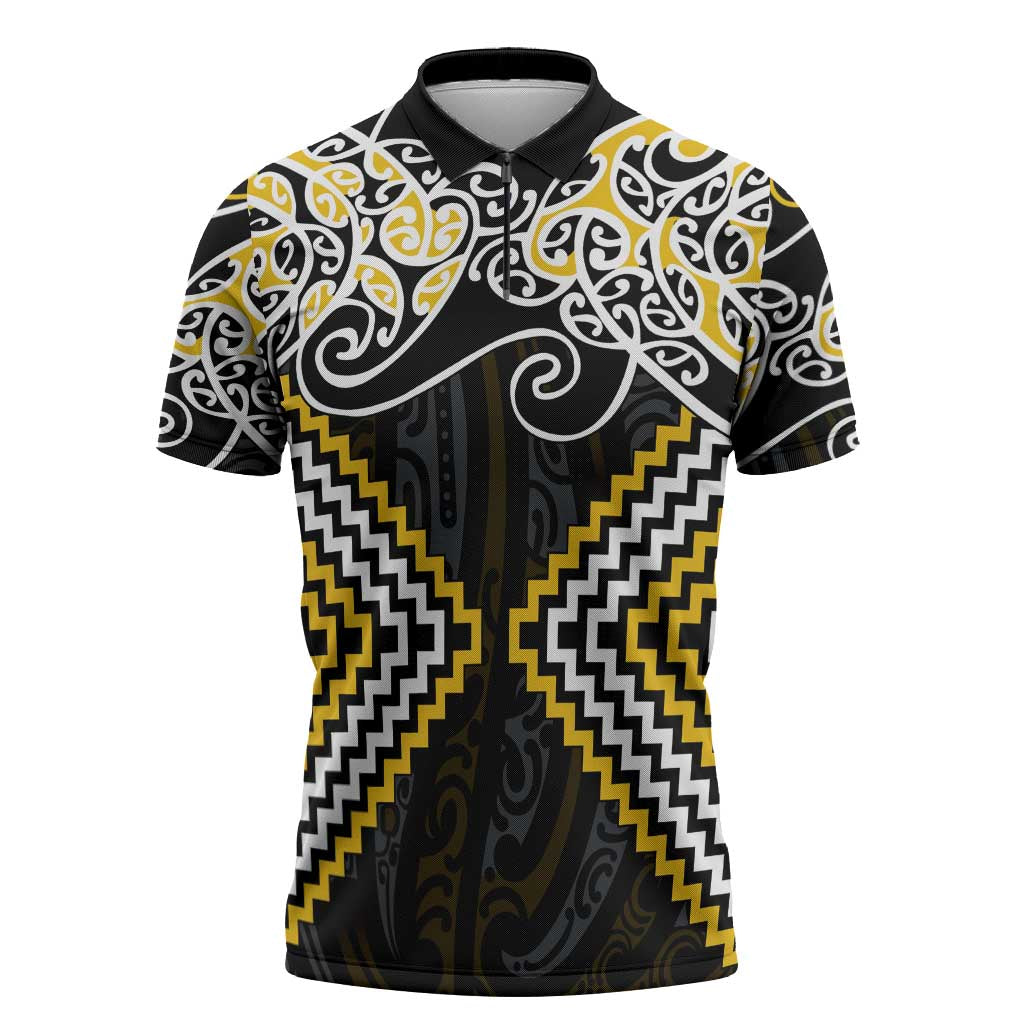 Gold Aotearoa Tukutuku Manawa Tapu Zipper Polo Shirt Ta Moko Toi Maori - Polynesian Pride