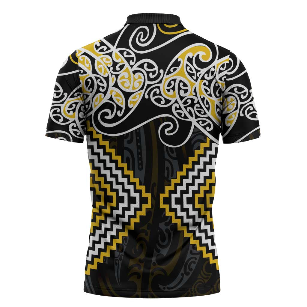 Gold Aotearoa Tukutuku Manawa Tapu Zipper Polo Shirt Ta Moko Toi Maori - Polynesian Pride