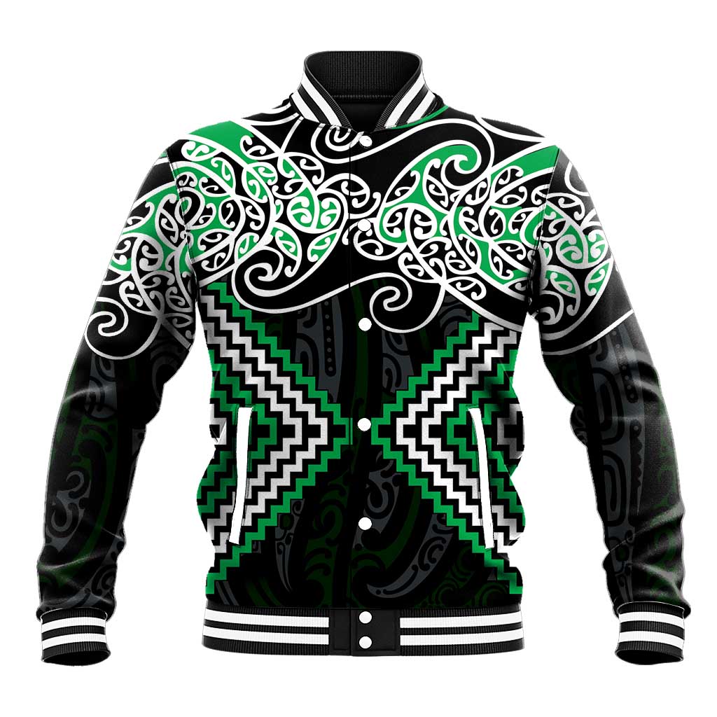 Green Aotearoa Tukutuku Manawa Tapu Baseball Jacket Ta Moko Toi Maori LT9 Unisex Green - Polynesian Pride
