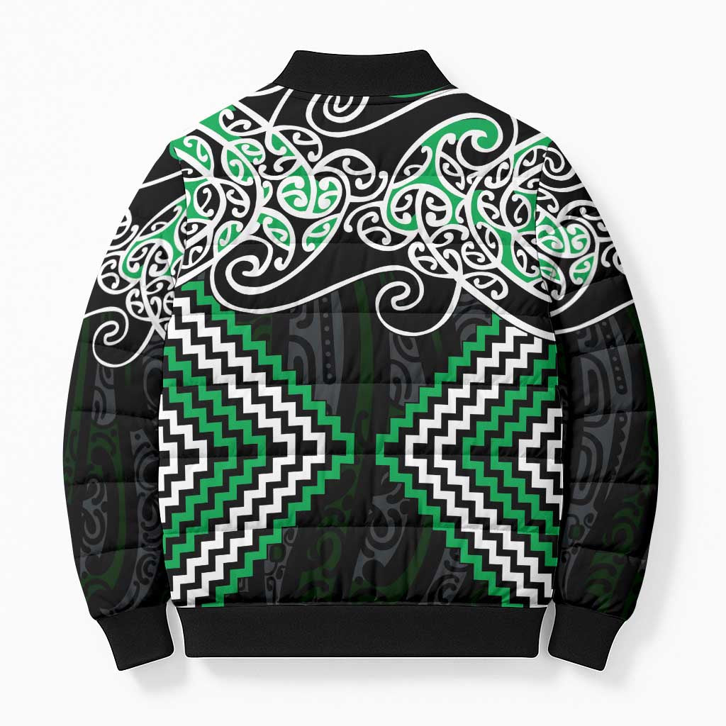 Green Aotearoa Tukutuku Manawa Tapu Bomber Puffer Jacket Ta Moko Toi Maori - Polynesian Pride