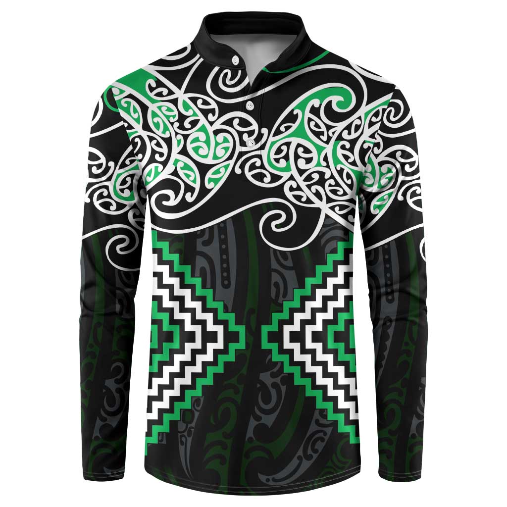 Green Aotearoa Tukutuku Manawa Tapu Button Sweatshirt Ta Moko Toi Maori LT9 Green - Polynesian Pride