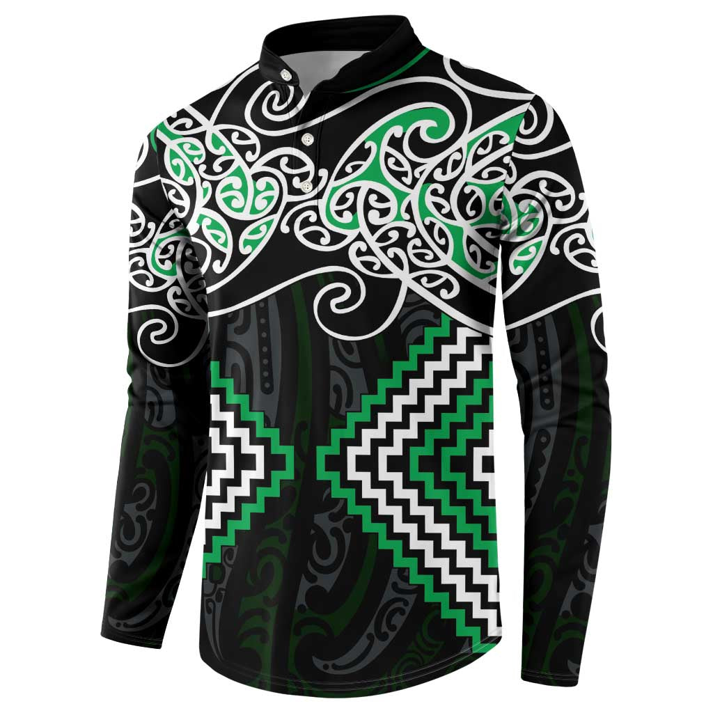 Green Aotearoa Tukutuku Manawa Tapu Button Sweatshirt Ta Moko Toi Maori LT9 - Polynesian Pride