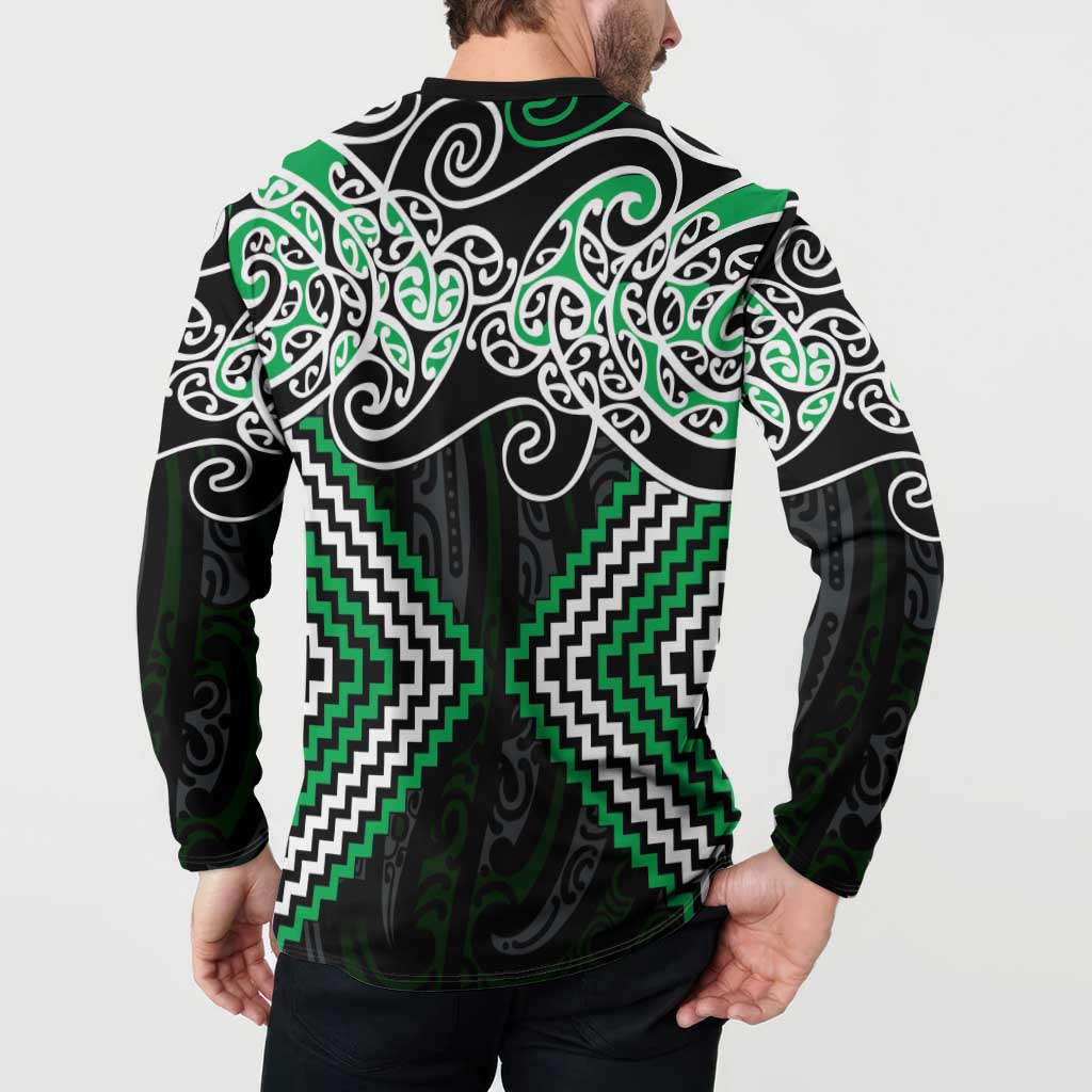 Green Aotearoa Tukutuku Manawa Tapu Button Sweatshirt Ta Moko Toi Maori LT9 - Polynesian Pride