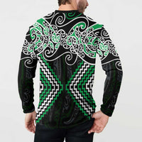 Green Aotearoa Tukutuku Manawa Tapu Button Sweatshirt Ta Moko Toi Maori LT9 - Polynesian Pride