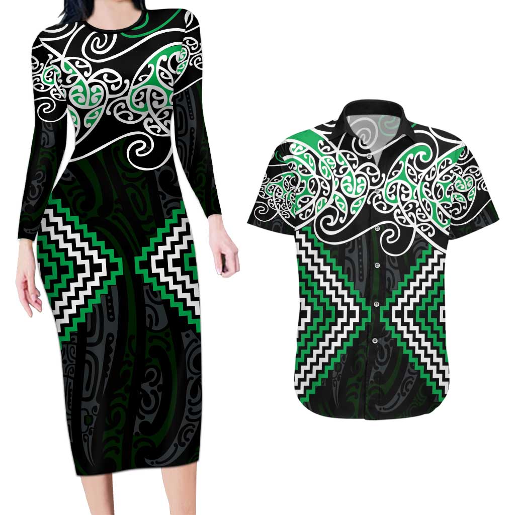 Green Aotearoa Tukutuku Manawa Tapu Couples Matching Long Sleeve Bodycon Dress and Hawaiian Shirt Ta Moko Toi Maori LT9 Green - Polynesian Pride