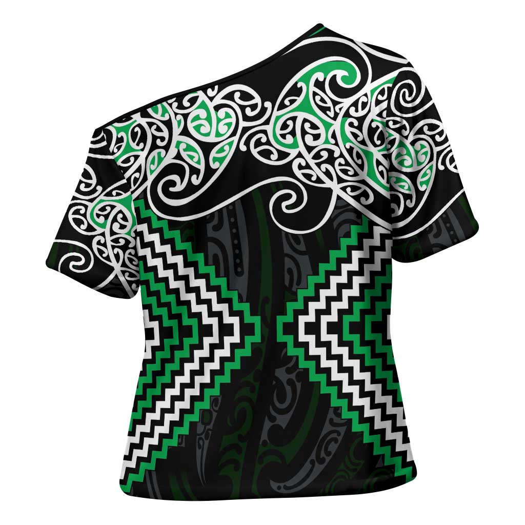 Green Aotearoa Tukutuku Manawa Tapu Cross Shoulder Shirt Ta Moko Toi Maori - Polynesian Pride