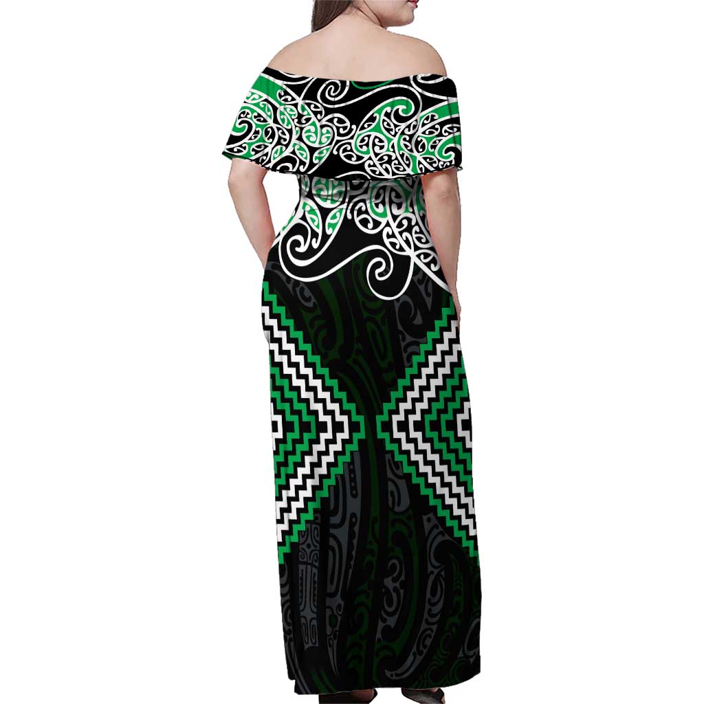 Green Aotearoa Tukutuku Manawa Tapu Family Matching Off Shoulder Maxi Dress and Hawaiian Shirt Ta Moko Toi Maori