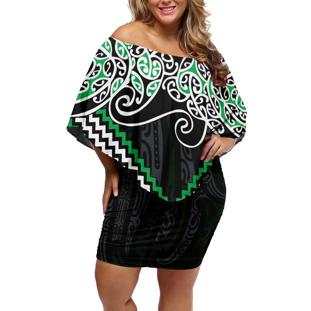 Green Aotearoa Tukutuku Manawa Tapu Family Matching Off Shoulder Short Dress and Hawaiian Shirt Ta Moko Toi Maori
