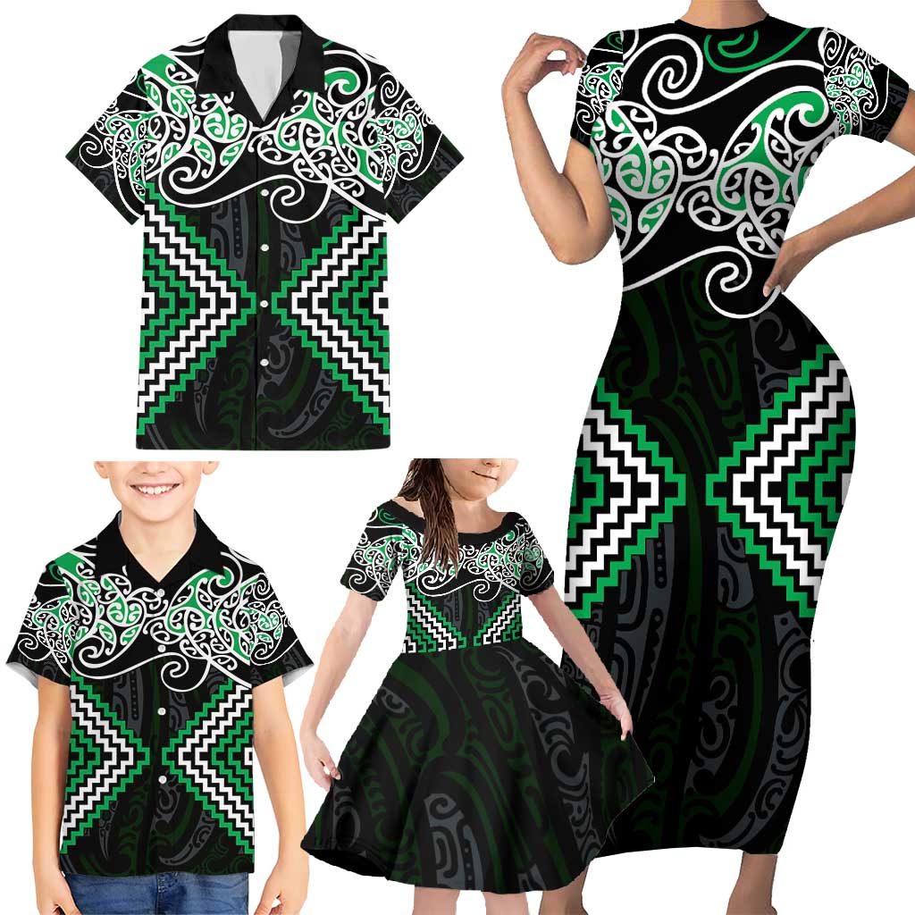 Green Aotearoa Tukutuku Manawa Tapu Family Matching Short Sleeve Bodycon Dress and Hawaiian Shirt Ta Moko Toi Maori