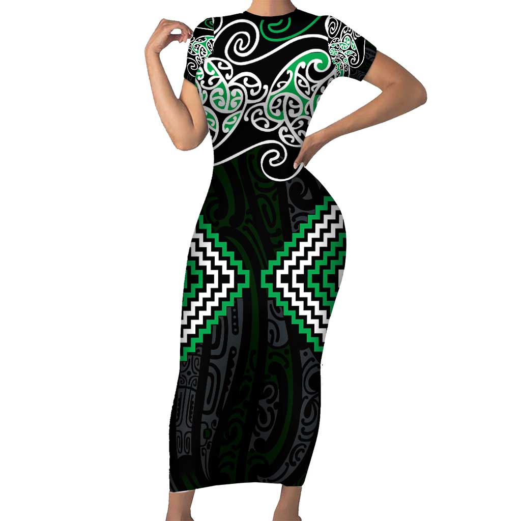 Green Aotearoa Tukutuku Manawa Tapu Family Matching Short Sleeve Bodycon Dress and Hawaiian Shirt Ta Moko Toi Maori