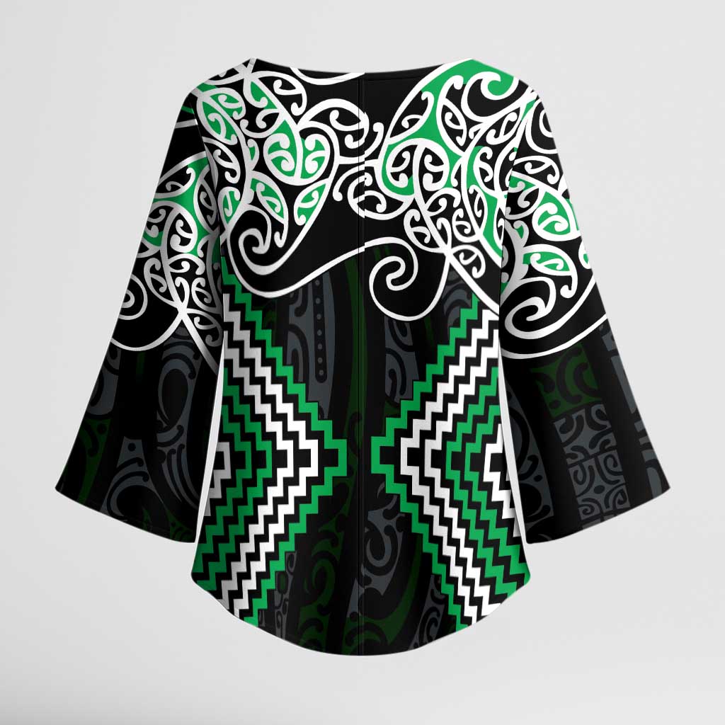 Green Aotearoa Tukutuku Manawa Tapu Kimono Sleeve Blouse Ta Moko Toi Maori - Polynesian Pride