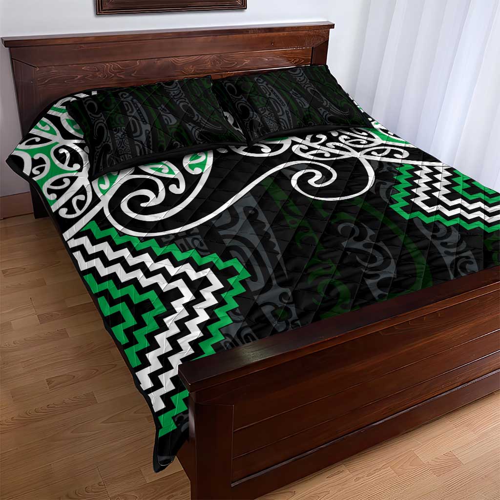 Green Aotearoa Tukutuku Manawa Tapu Quilt Bed Set Ta Moko Toi Maori LT9 - Polynesian Pride